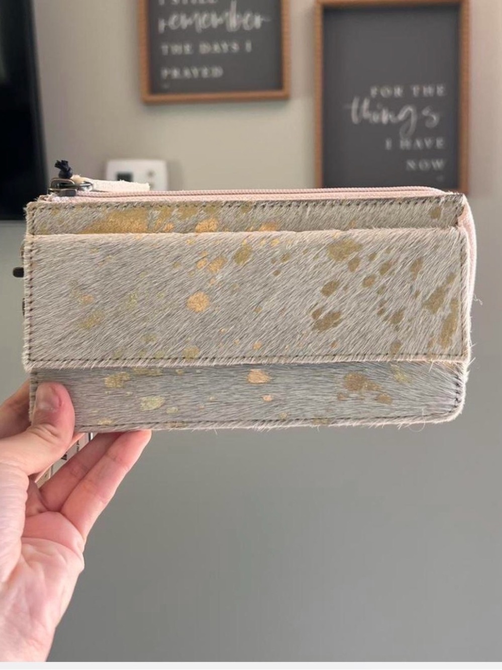 Myra Bag Beige and Gold Hair-on Hide Zip Wallet